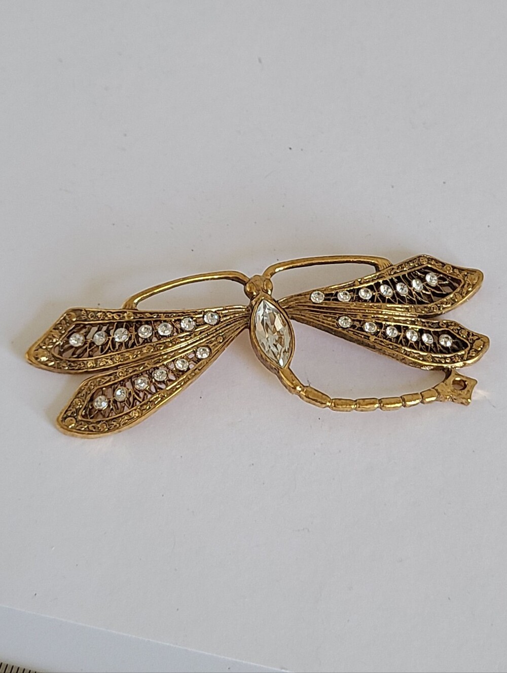 Vintage 1928 Gold Tone Rhinestone Pave Crystal Dragonfly Statement Brooch Pin